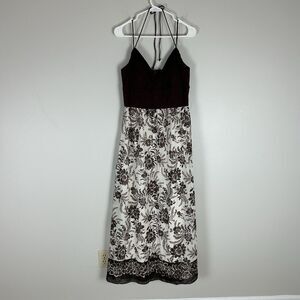Y2K Halter Dress Maxi Floral Chocolate Brown Babydoll Boho Peasant Cottage White
